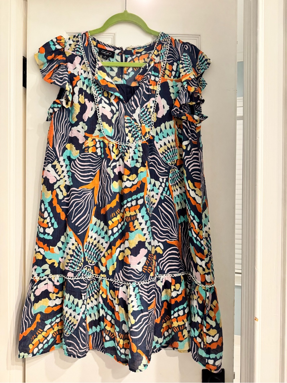 G.S.O. Navy Multicolor Ruffle-Sleeve Mini Dress